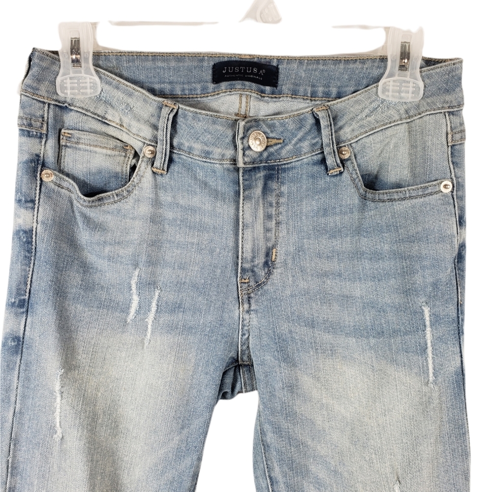 JUST USA Light Blue Distressed Flared Leg High Rise Jeans Size 3 Junior. - Picture 7 of 15